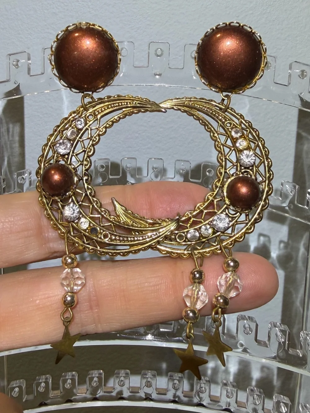 1986 Vintage Leigh LeCocq  Gold Tone Bronze Star & Half Moon Drop Hoop Earrings